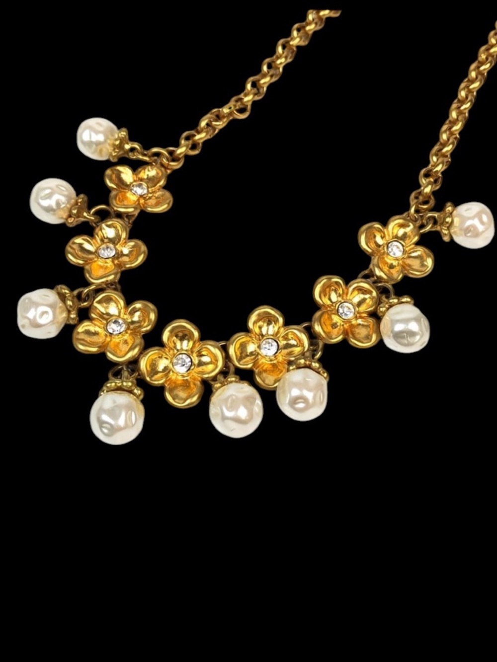 Kenzo Vintage Gold Plated Floral Pearl Drop Necklace - Women Jewelry